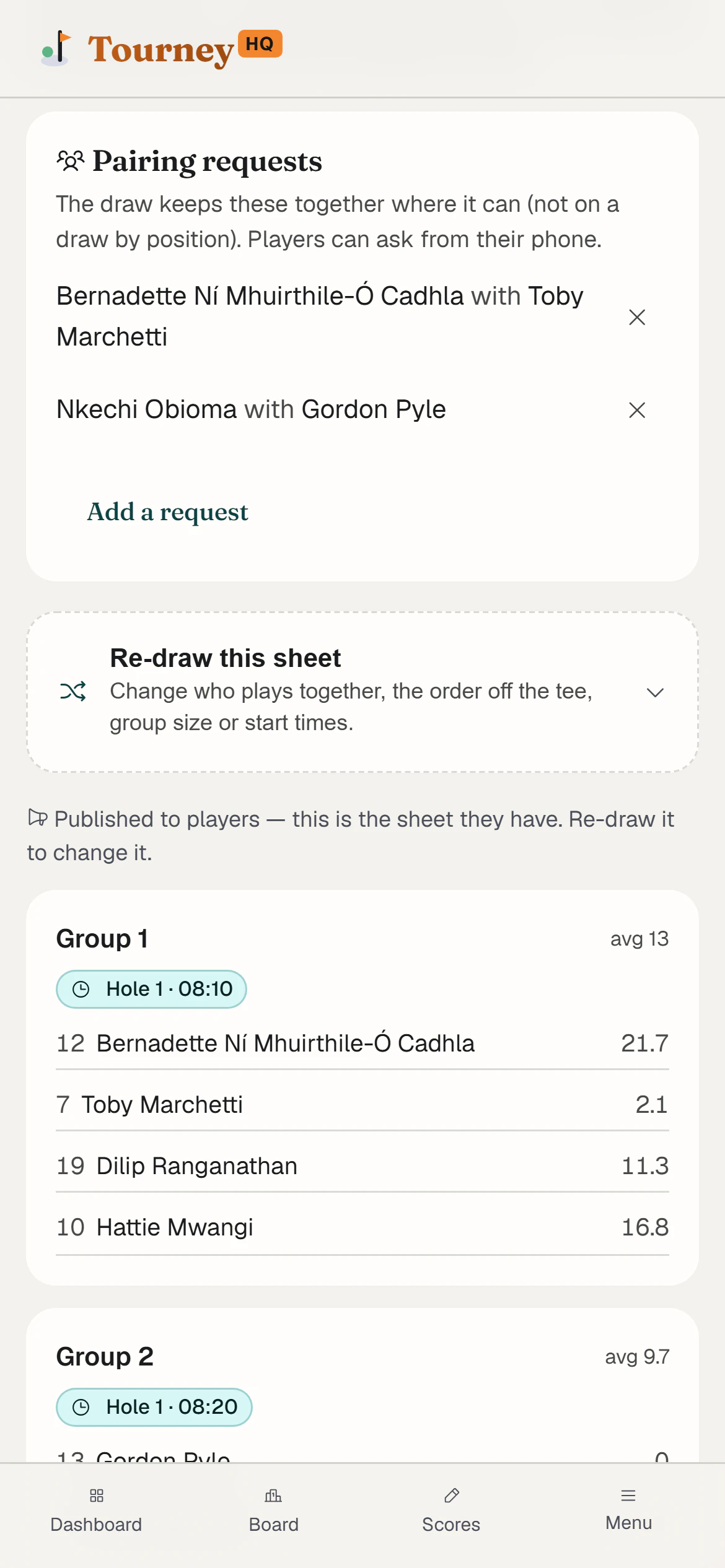 The organizer's tee sheet: two pairing requests above the published draw, and the pair who asked together in Group 1, off hole 1 at 08:10.