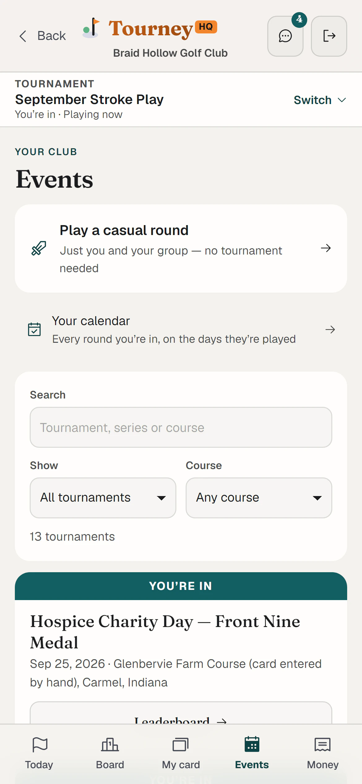 The player's Events screen, starting with Play a casual round — just you and your group — and the club's events.