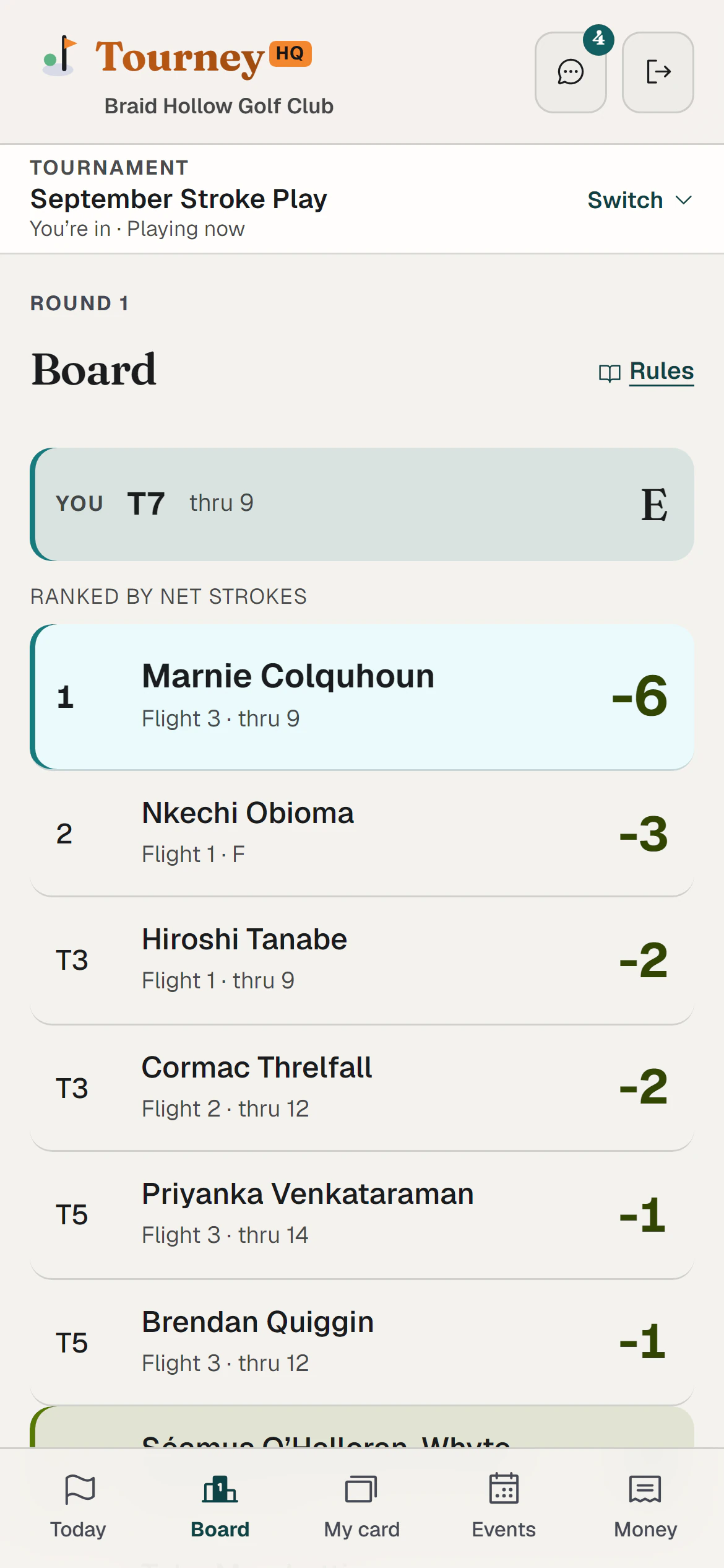 The player's Board: their own position first, then the field ranked by net strokes.
