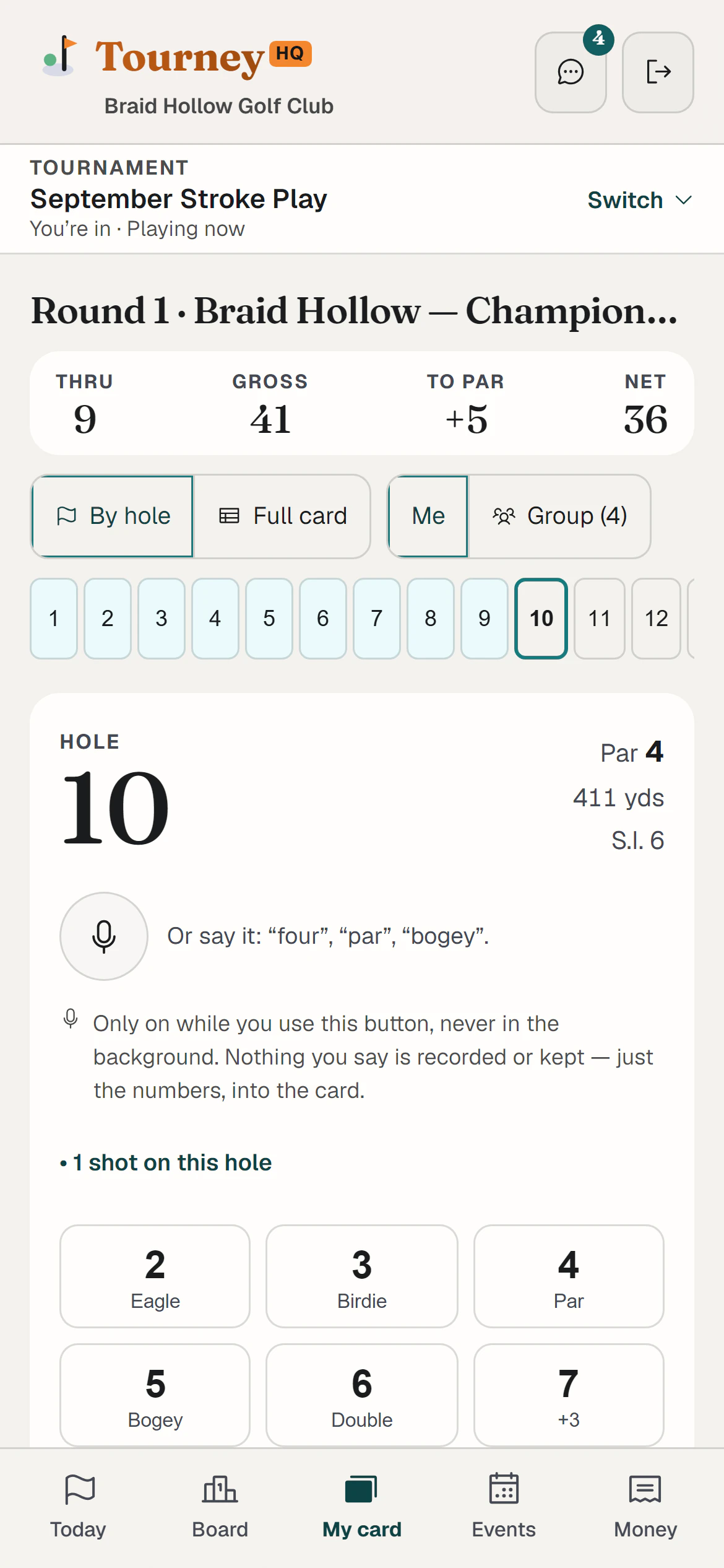 My card, by hole: hole 12, par 3, score buttons from Ace to +3 and a microphone to say it.