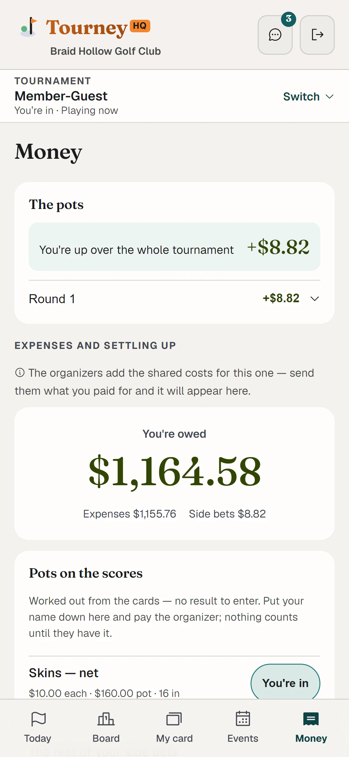 A player's Money screen: what they're owed, and the fewest handovers that make everyone square.