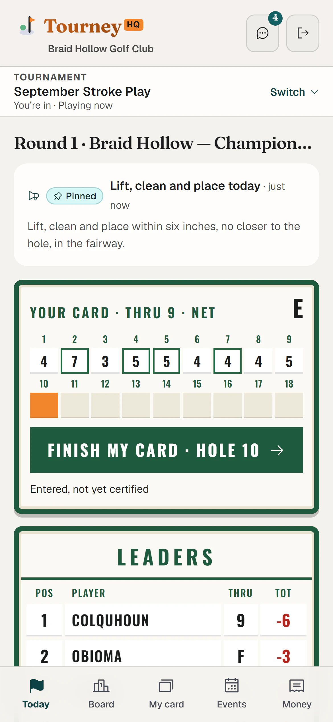 A player's Today screen: the round, a pinned notice about preferred lies, their card so far and the leaders.